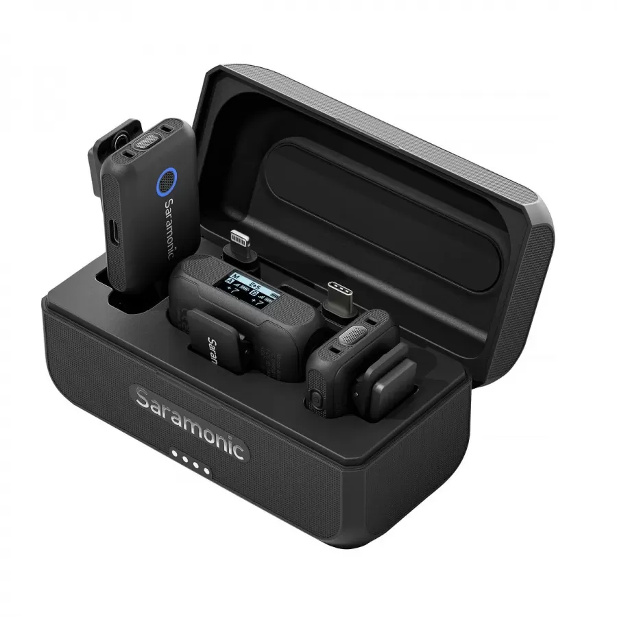 Kit Microfoane Wireless Saramonic Blink500 B2+ cu 2 TX + RX 2.4GHz Display OLED Carcasa Încărcare 1250mAh Negru
