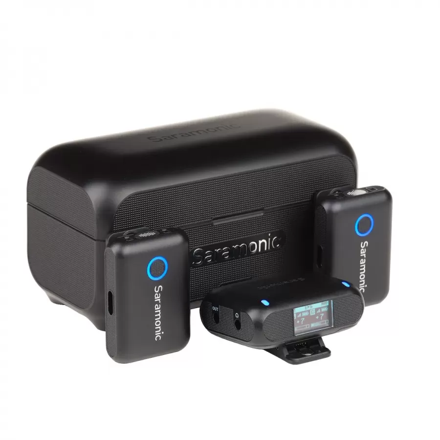 Kit Microfoane Wireless Saramonic Blink500 B2+ cu 2 TX + RX 2.4GHz Display OLED Carcasa Încărcare 1250mAh Negru — imaginea 4