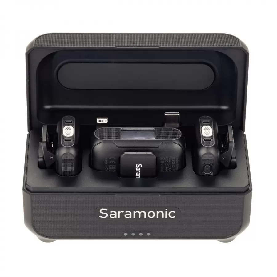 Kit Microfoane Wireless Saramonic Blink500 B2+ cu 2 TX + RX 2.4GHz Display OLED Carcasa Încărcare 1250mAh Negru — imaginea 2