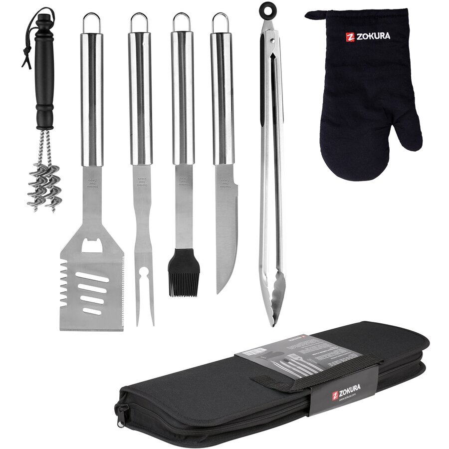 Set Ustenstile Gratar Z1196 7 Piese in Geanta Depozitare  Inox