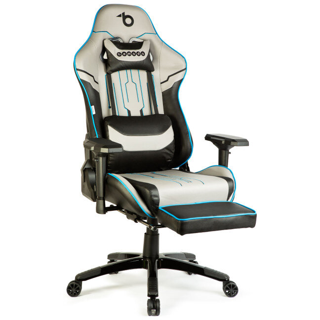 Scaun de Gaming Ergonomic cu Perna Tetiera Suport Picioare si Spatar Rabatabil 84 x 52 / 48 x 50cm Gri / Negru / Albastru