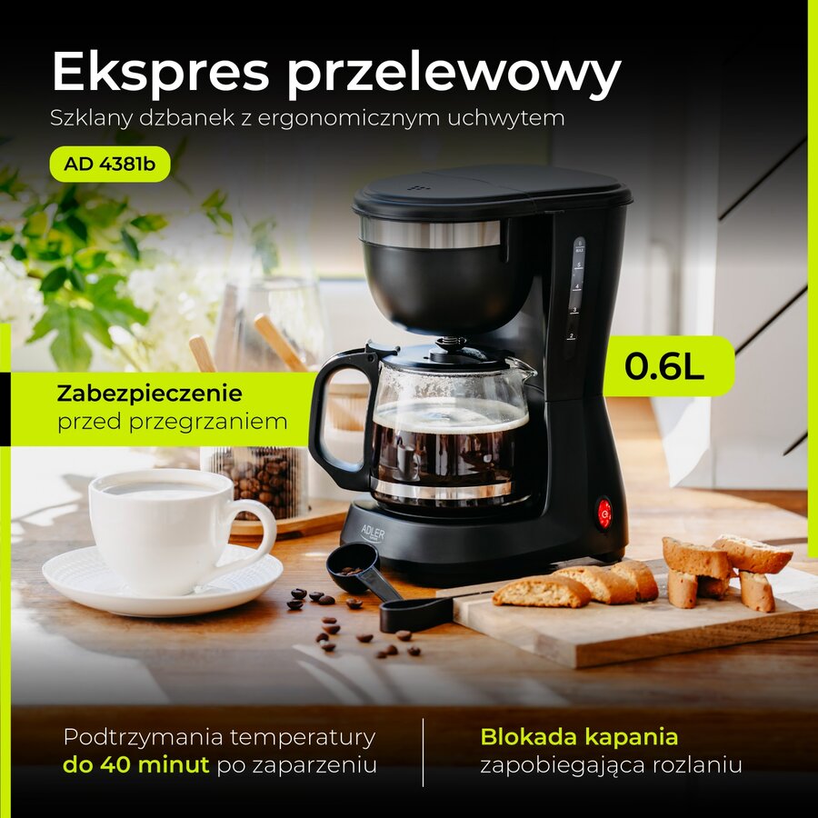 Cafetiera Adler 0.6l 600W Menținere la Cald 40min Oprire Automata Negru — imaginea 2