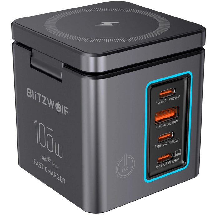 Incarcator BW-i113 GaN 6-in-1, 105W, 3x USB-C, 1x USB-A, Incarcare Wireless 15W, Compatibil cu prize UE/UK/AU/SUA, Negru