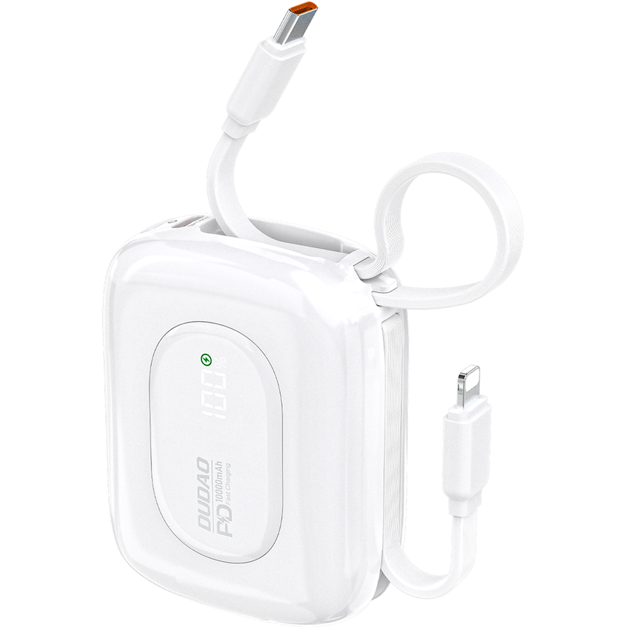 Baterie Externa K32 10000mAh 1xUSB-C Cabluri Integrate USB-C si Cablu Lightning 22.5W Alb