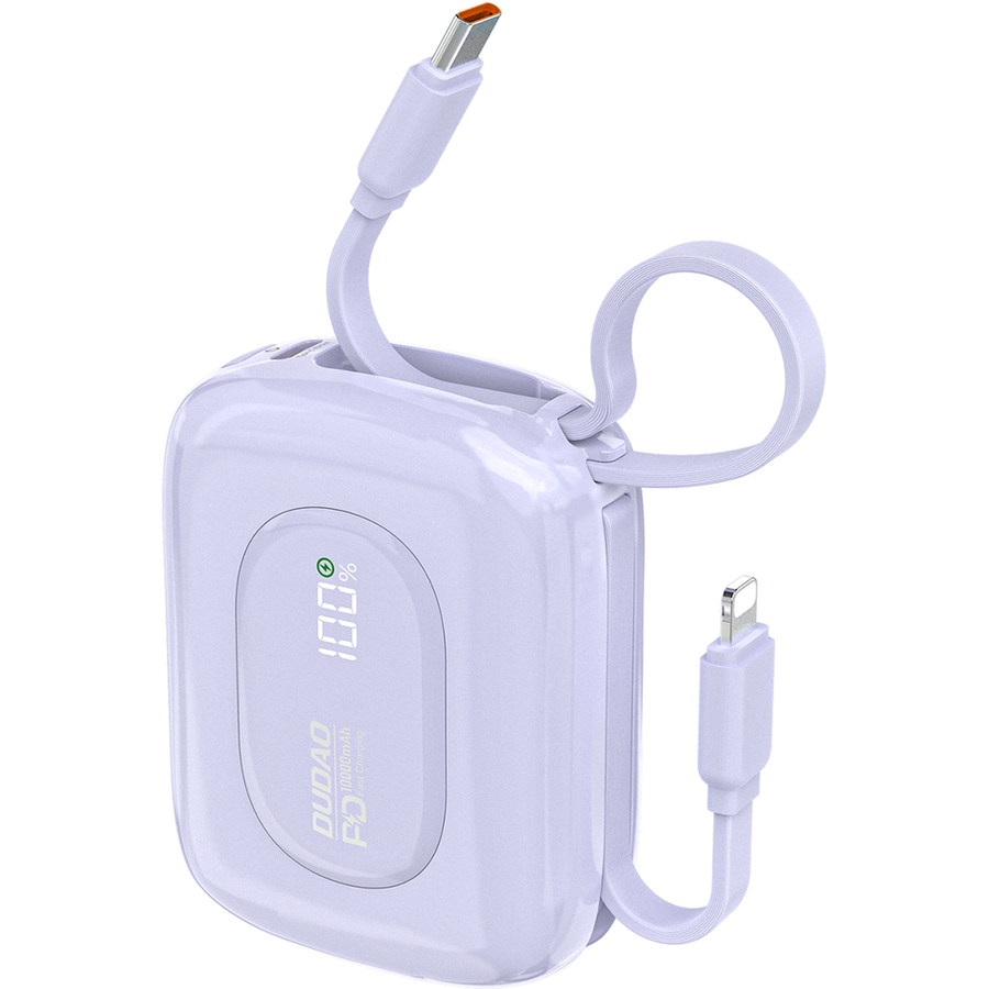 Baterie Externa K32 10000mAh 1xUSB-C Cabluri Integrate USB-C si Cablu Lightning 22.5W Violet
