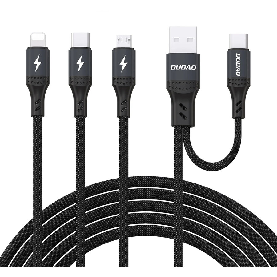 Cablu pentru incarcare si transfer de date Dudao L3W, USB-A / USB-C la USB-C / Lightning / MicroUSB, 66W, 480Mbps, 1.2m, Negru - imagine 2