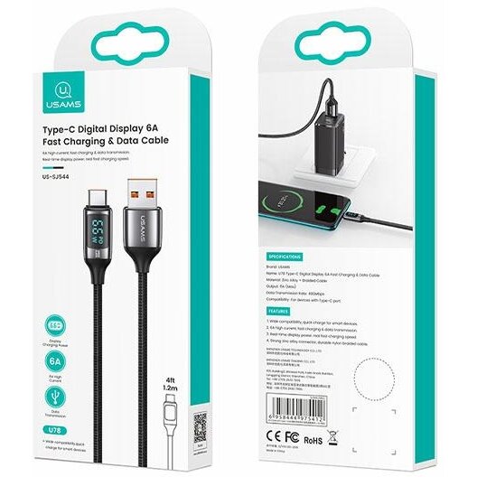 Cablu de date U78, USB-A la USB-C, 66W, 6A, 480Mbps, 1.2m, Negru