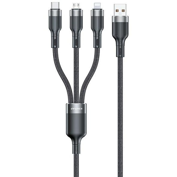 Cablu pentru incarcare si transfer de date AWEI CL-975, USB-A la USB-C / Lightning / MicroUSB, 100W, 5A, 480Mbps, 1.2m, Negru - imagine 2