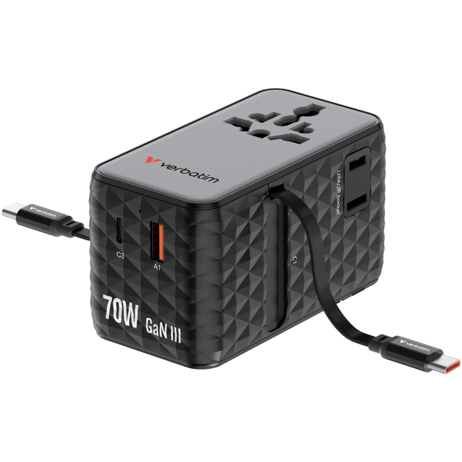 Incarcator Retea Charge 'n' Travel 30186 Tehnologie GaN 1xUSB-C 1xUSB-A 2 Cabluri Retractabile USB-C Putere 70W Negru