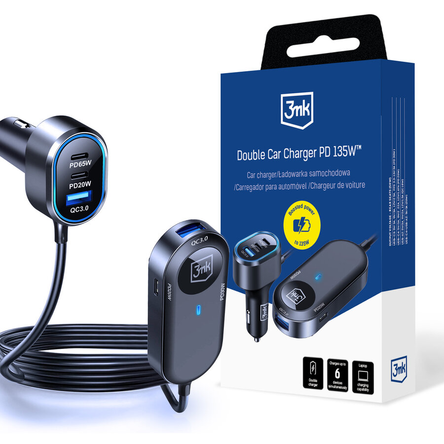Incarcator Double Car Charger, 4xUSB-C, 2xUSB-A, 135W, 10A, Cablu 1.5m, Negru