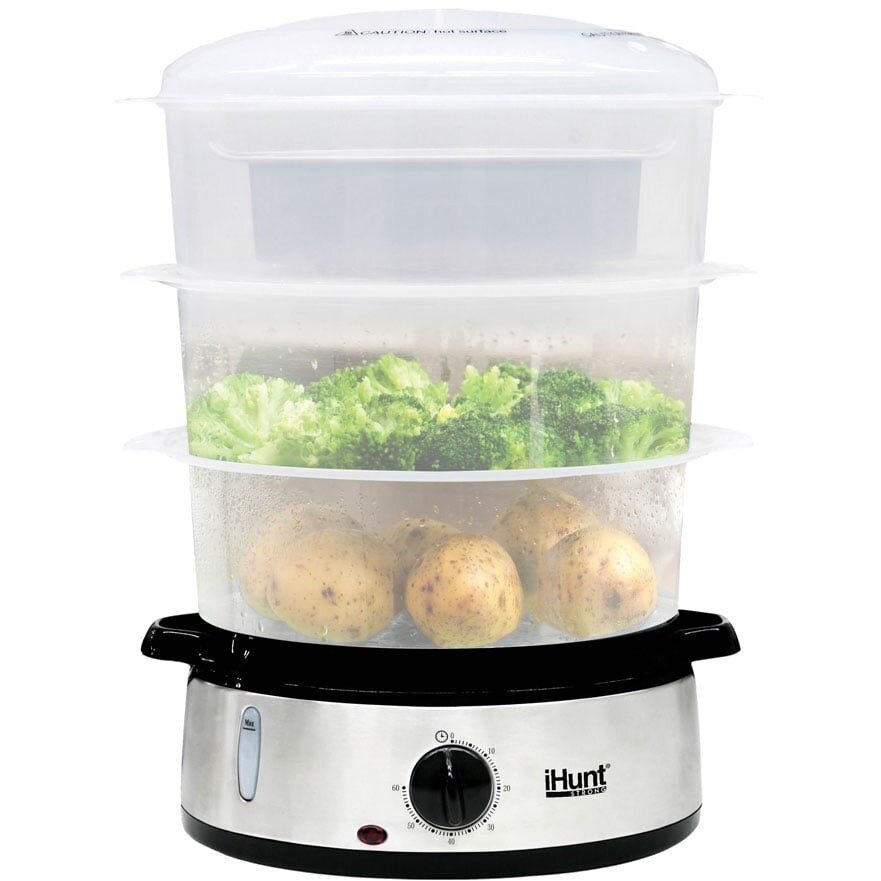 Aparat de Gatit cu Aburi Bro Food Steamer XXL 9L Putere 800W 3 Cosuri de Gatire Timer 60min Mentinere la Cald Indicator Apa Argintiu