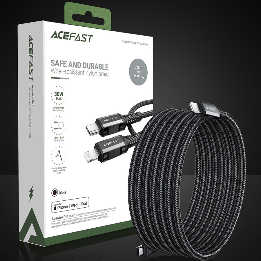 Cablu de date Acefast C4-01, USB-C la Lightning, 30W, 3A, 480Mbps, 1.8m, Negru — imaginea 5