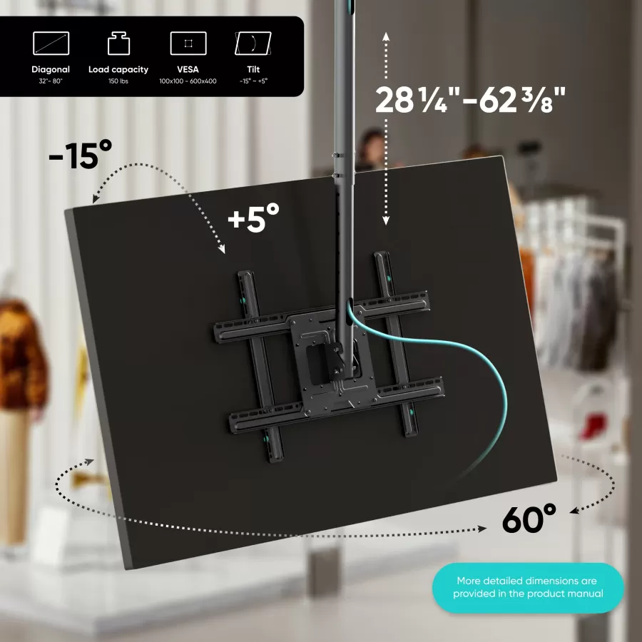 Suport de Tavan Onkron N1L-B pentru Televizor / Display Digital 32-80Inch Max 68KG Negru — imaginea 2