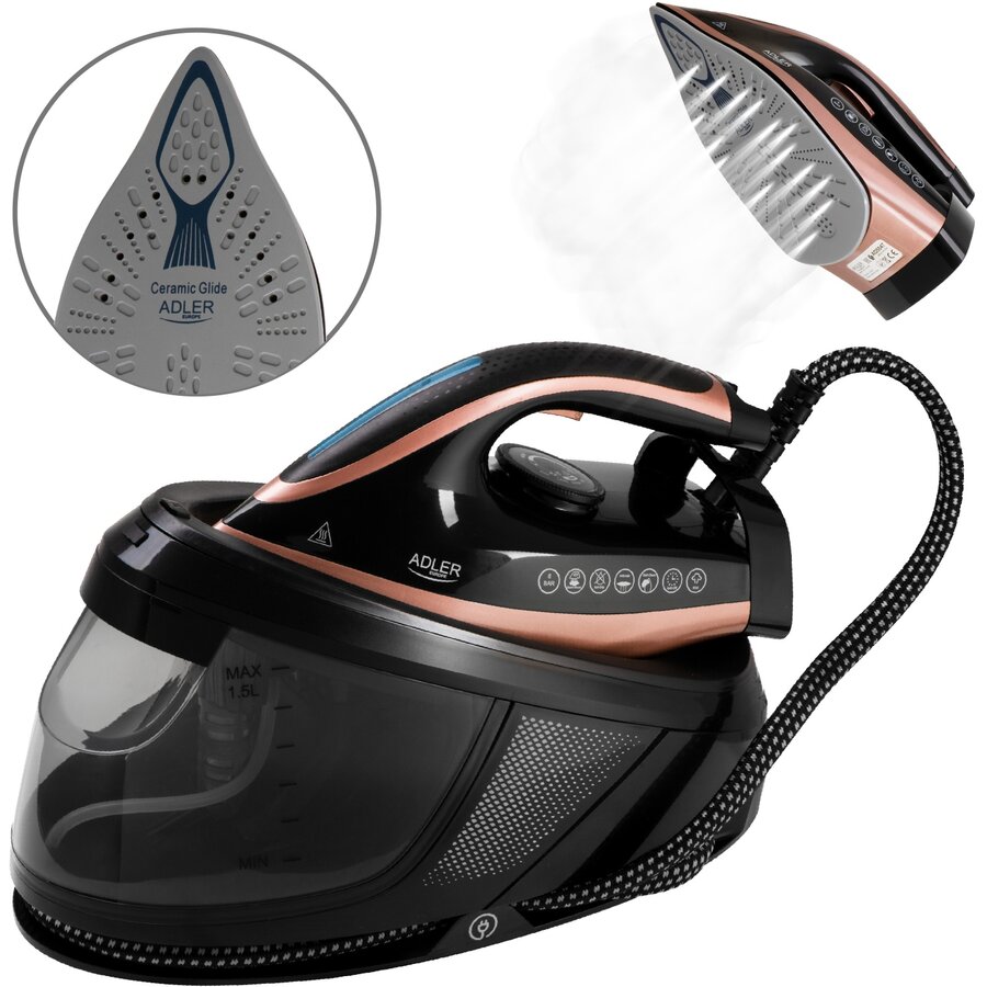 Statie de Calcat cu Abur AD 5047 Rezervor Apa 1.5L Presiune 8Bar Talpa Ceramica Mod ECO Putere Max 3100W Negru/Auriu