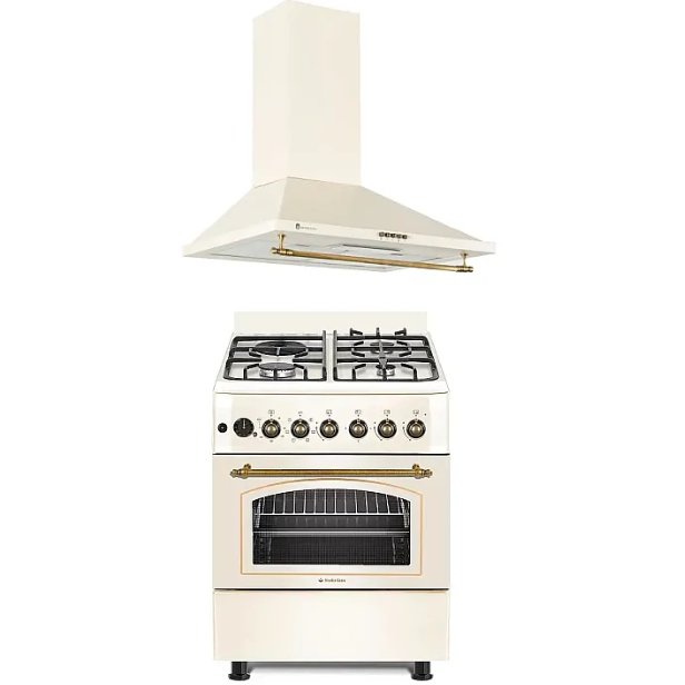 Pachet Aragaz 3 Arzatoare Gaz + 1 Ochi Electric+ Hota Decorativa Cream