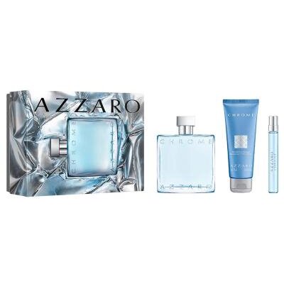Pachet Azzaro Chrome Apa de Toaletă 100 ml + Apa de Toaletă 10 ml + Gel de Dus 75 ml Bărbați