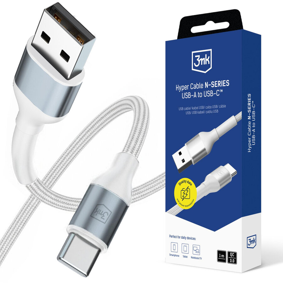 Cablu de date Hyper N-SERIES, USB-A la USB-C, 18W, 2A, 1m, Alb