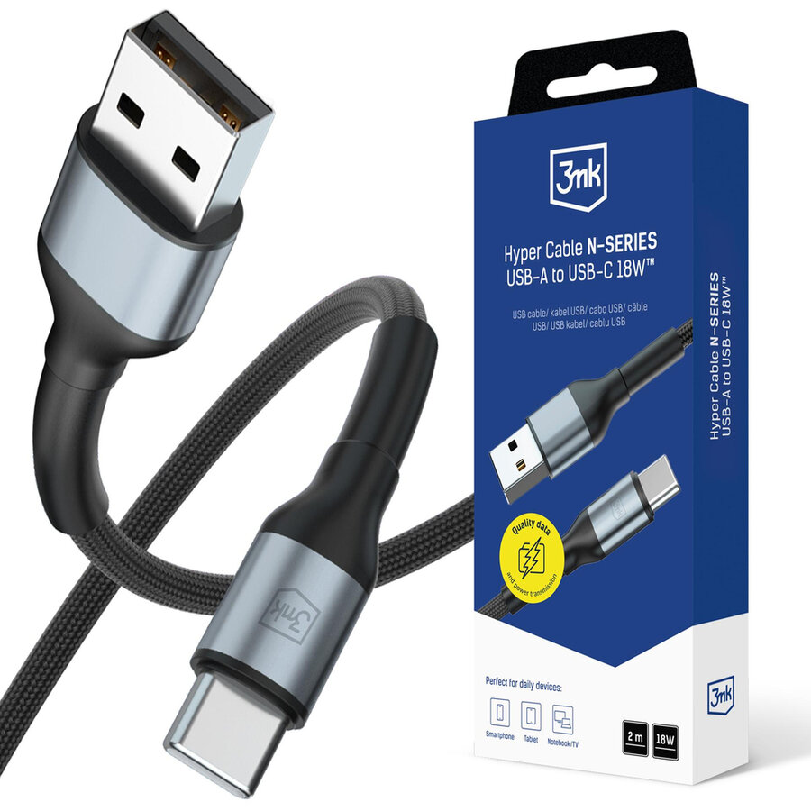 Cablu pentru incarcare si transfer de date 3MK Hyper N-SERIES, USB-A la USB-C, 18W, 2A, 2m, Negru - imagine 2