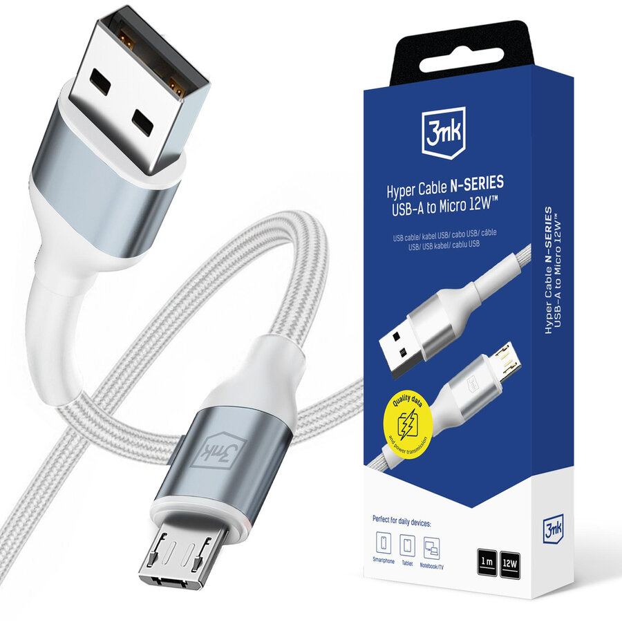 Cablu de date Hyper N-SERIES, USB-A la Micro-USB, 12W, 2.4A, 1m, Alb