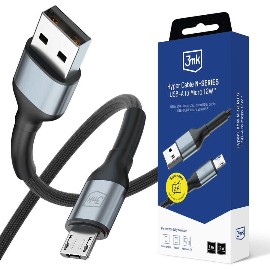 Cablu de date Hyper N-SERIES, USB-A la Micro-USB, 12W, 2.4A, 1m, Negru