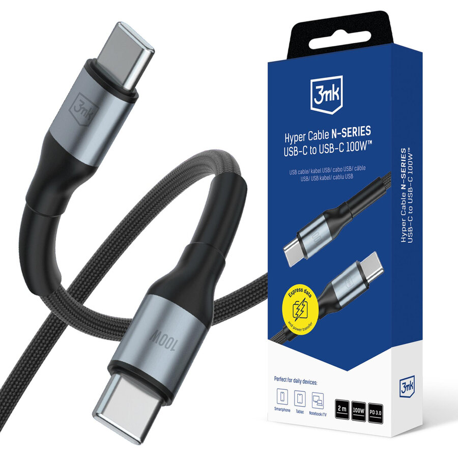 Cablu de date Hyper N-SERIES, 2x USB-C, 100W, 5A, 2m, Negru