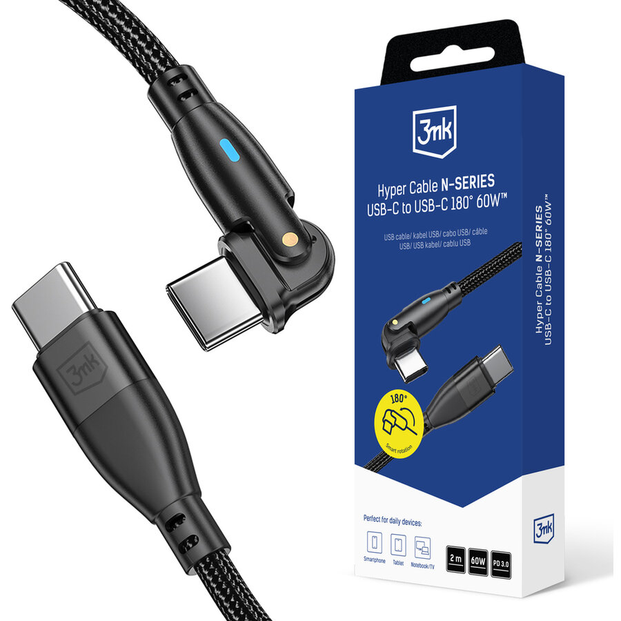 Cablu pentru incarcare si transfer de date 3MK Hyper N-SERIES, 2x USB-C, 60W, 3A, 2m, rotire 180 grade, Negru - imagine 2