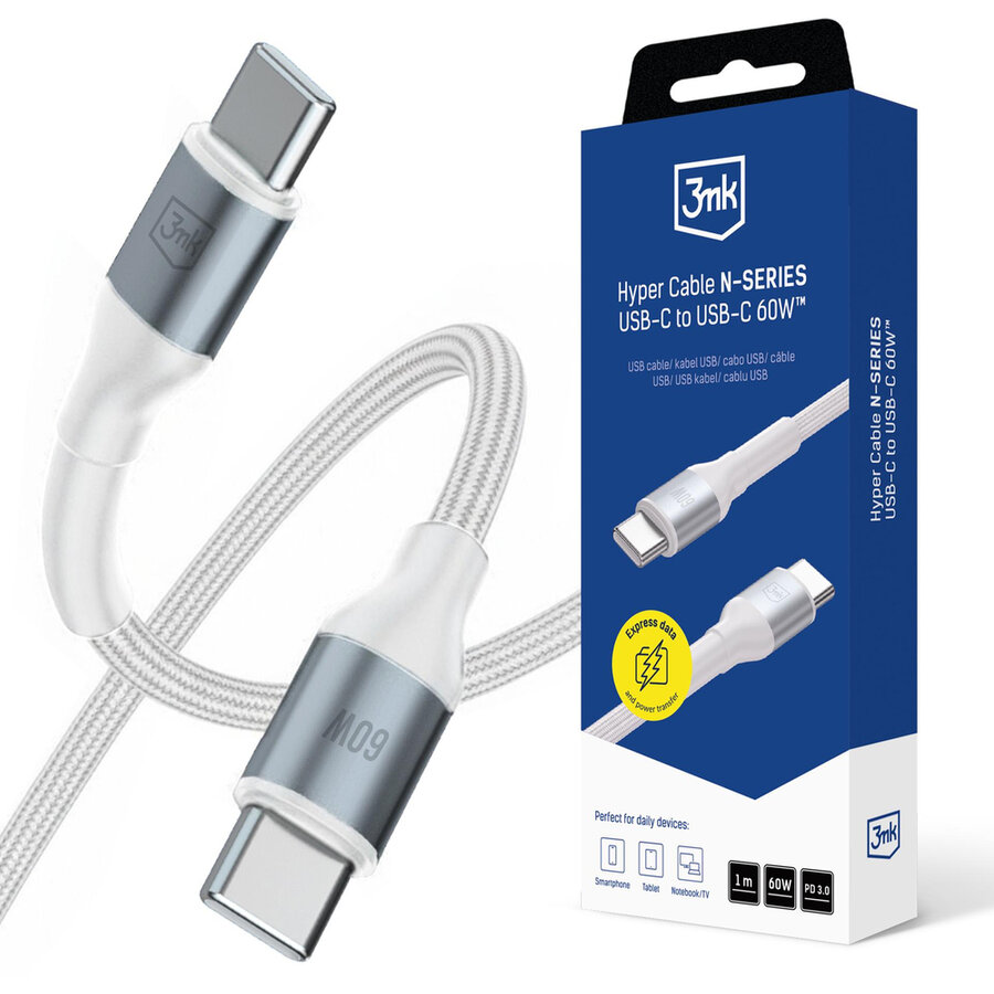 Cablu de date Hyper N-SERIES, 2x USB-C, 60W, 3A, 1m, Alb