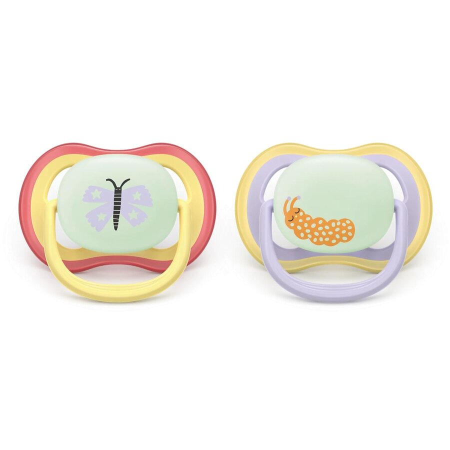 Set 2 Suzete Ultra Air SCF376/25 fara BPA 0-6luni Ortodontice Fosforescent Violet/Galben