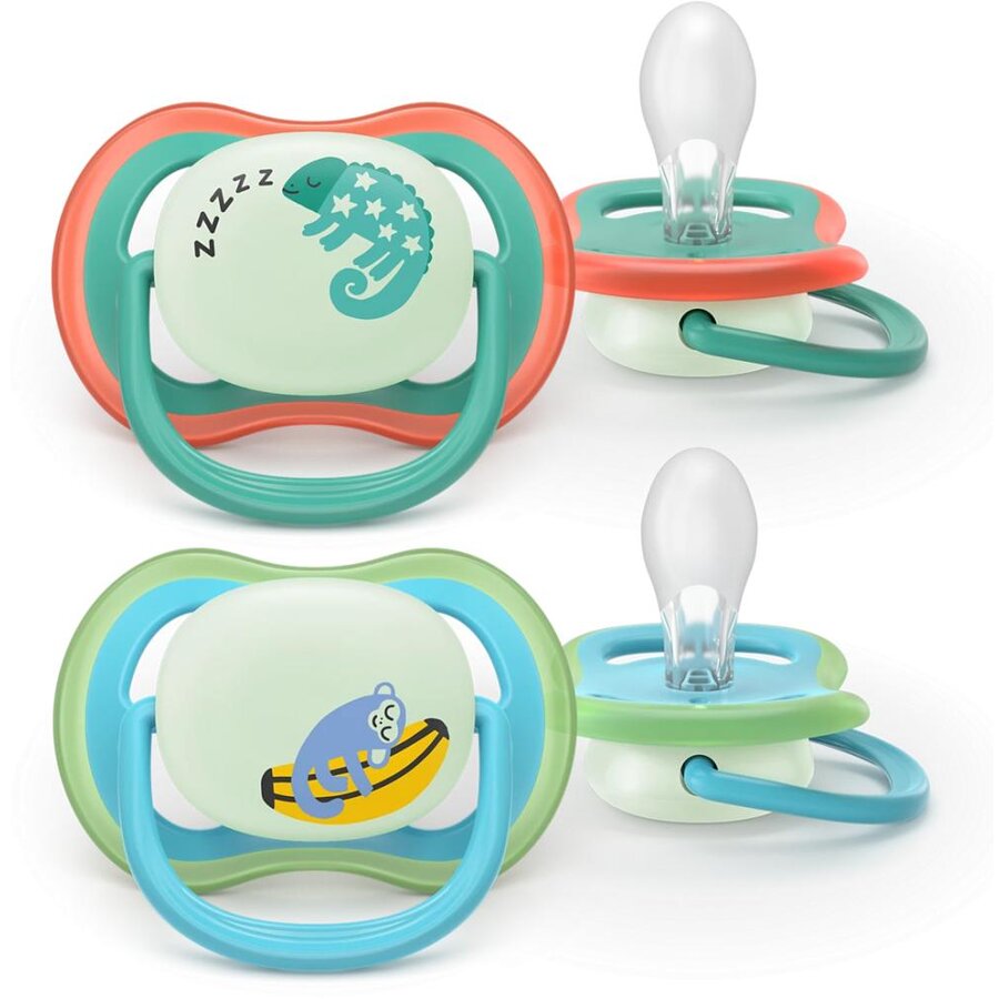Suzeta Set 2 suzete Philips Avent Ultra Air SCF376/28 ortodontice fara BPA 6-18 luni pentru noapte cu buton fosforescent