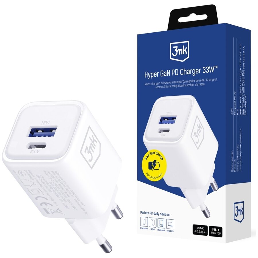 Incarcator Hyper Charger, USB-A / USB-C, 33W, Alb