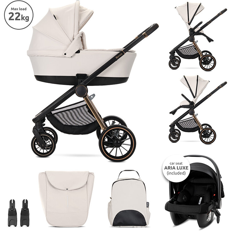 Carucior Set 3 in 1 Bianca Cos Landou Individual Cosulet Auto Aria Luxe Inclus Cadru din Aluminiu pana la 22 kg Beige Latte