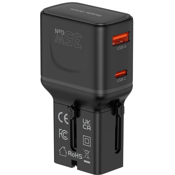 Incarcator Travel Adapter GaN, 35W, 1xUSB-C, 1xUSB-A, Compatibil cu prize EU/UK/US/AU, Negru