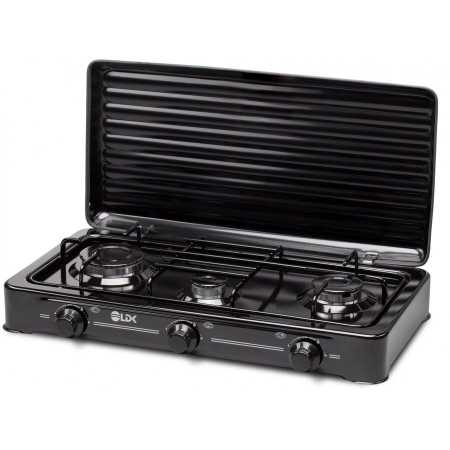 Plita Aragaz AMORFO 3/BLACK+CAPAC Alimentare la Butelie 3 Arzatoare Capac Metalic Negru