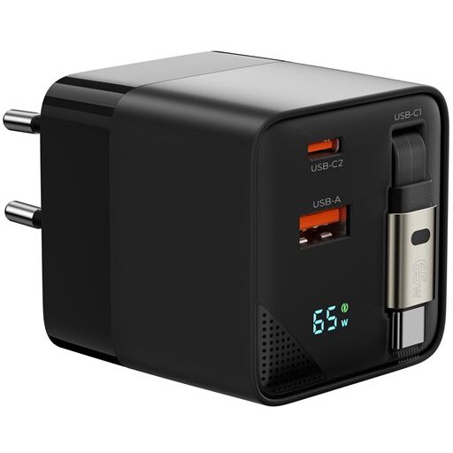 Incarcator GaN Display Charger PW2, 65W, 3A,  1 x Cablu USB-C, 1x USB-C, 1x USB-A, Fast Charging, Negru