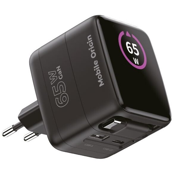 Incarcator GaN Display Charger PW3, 65W, 3A, 2x USB-C, 1x USB-A, Fast Charging, Negru