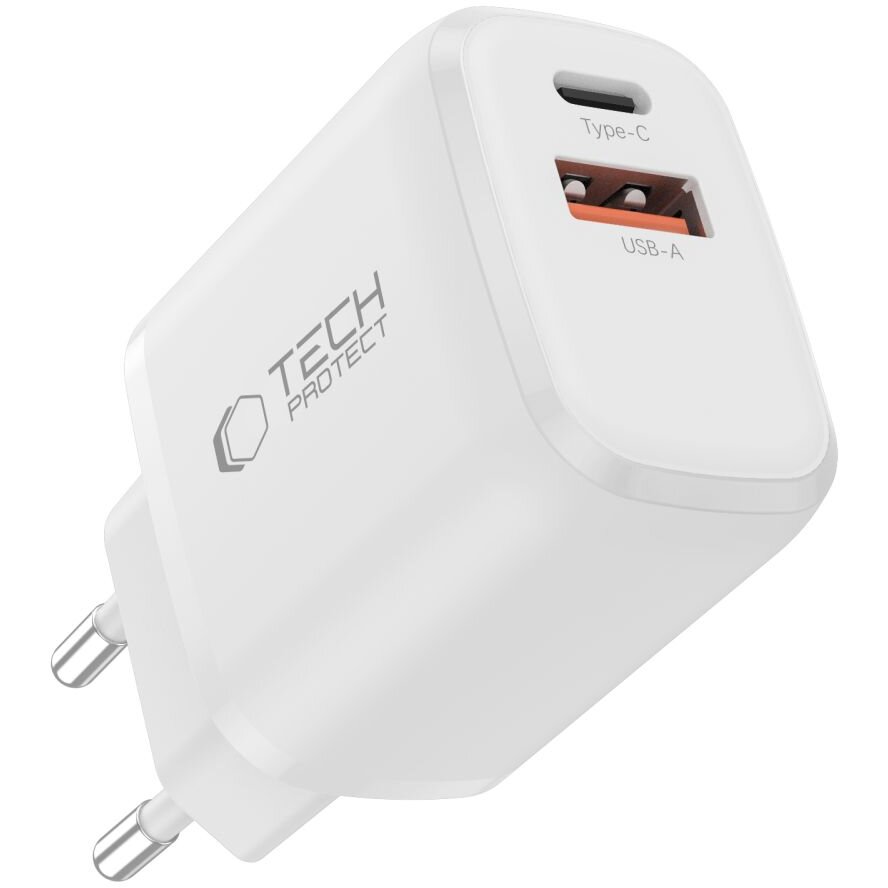 Incarcator retea Tech-Protect NCA45W-GAN, 1x USB-C, 1x USB-A, Power Delivery 45W, Alb - imagine 2