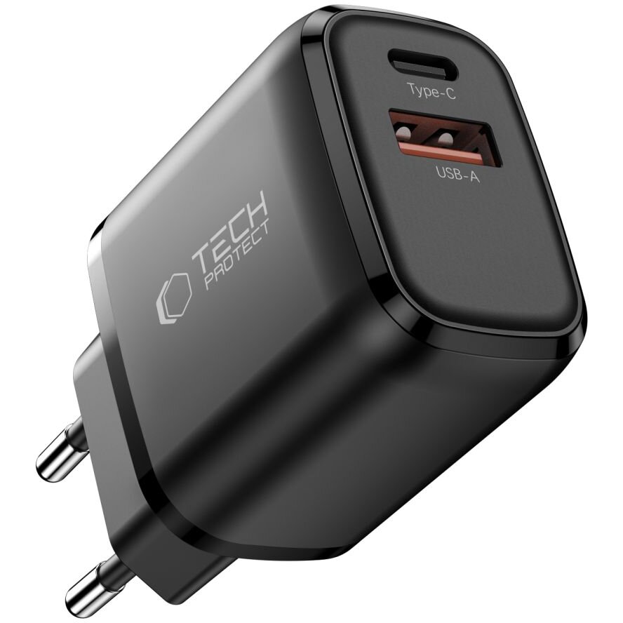 Incarcator retea Tech-Protect NCA45W-GAN, 1x USB-C, 1x USB-A, Power Delivery 45W, Negru - imagine 2