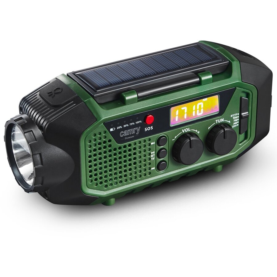 Radio de Urgenta Alimentare Solara cu Manivela Bluetooth 5.0 Baterie Externa 4000 mAh FM/AM/SW Negru-Verde