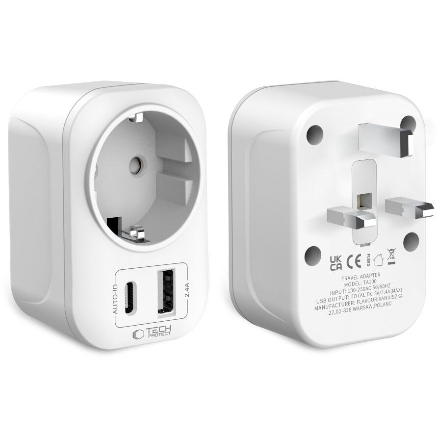 Incarcator TA100, Priza UK la EU, 2500W, 2.4A, Alb