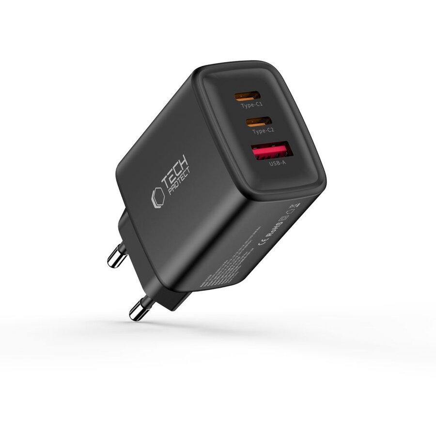 Incarcator NC65W-GAN, 2x USB-C, 1x USB-A, Power Delivery 65W, Cablu USB-C la USB-C de 1m inclus, Negru