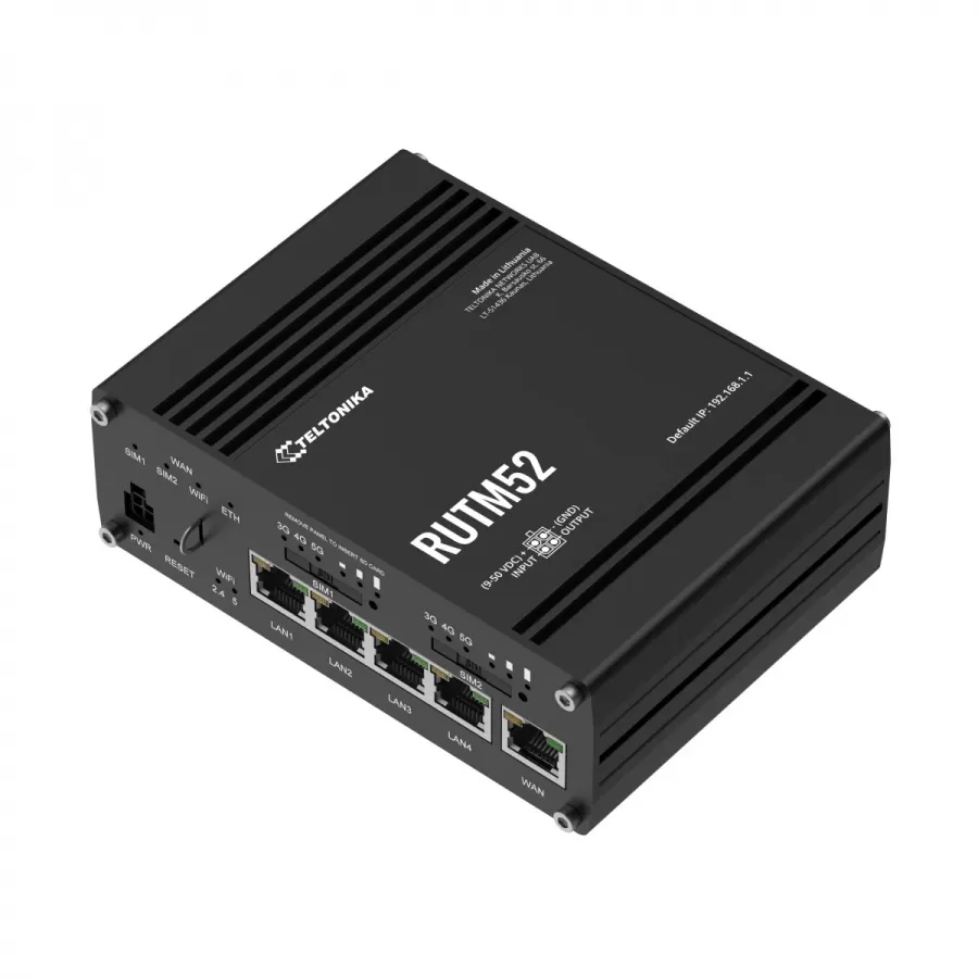 Router Industrial TELTONIKA NETWORKS RUTM52 Dual 5G Wi-Fi 5 2 Sloturi SIM 5 Porturi Gigabit Negru