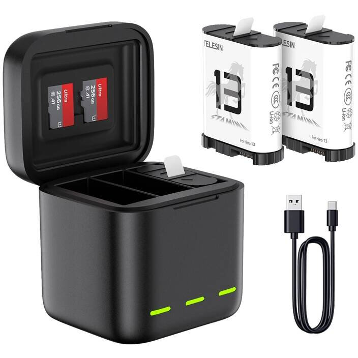 Accesoriu Camera Video Actiune pentru GoPro Hero 13 Black, incarcare simultana 3 baterii, Negru