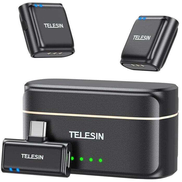 Microfon P5-MCP-01, 2 TX + 1 RX, Carcasa incarcare, Raza actiune 200m, 365mAh, USB-C, Negru