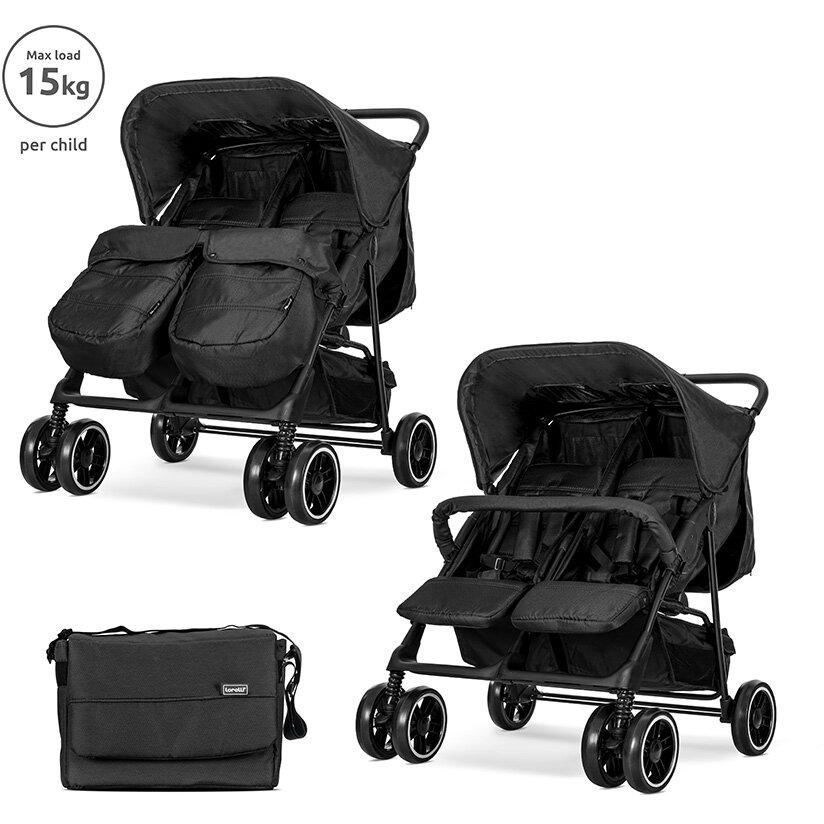 Carucior pentru Gemeni Twin Reglabil Individual pana la 25Kg per Copil Geanta pentru Mama Inclusa Black