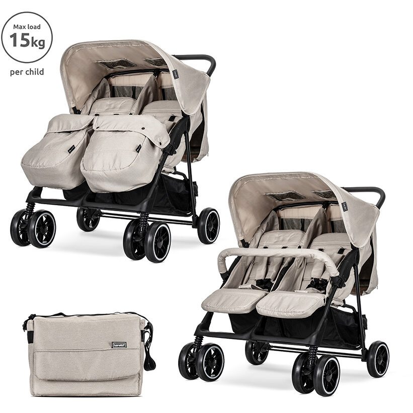 Carucior pentru Gemeni Twin Reglabil Individual pana la 25Kg per Copil Geanta pentru Mama Inclusa Beige