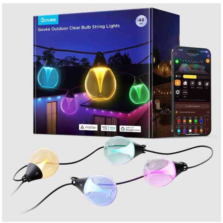 Ghirlanda Luminoasa pentru Exterior RGBICW Bec Transparent 15LED 15m RGBWIC 16 Milioane Culori 111 Moduri Presetate IP67 Multicolor