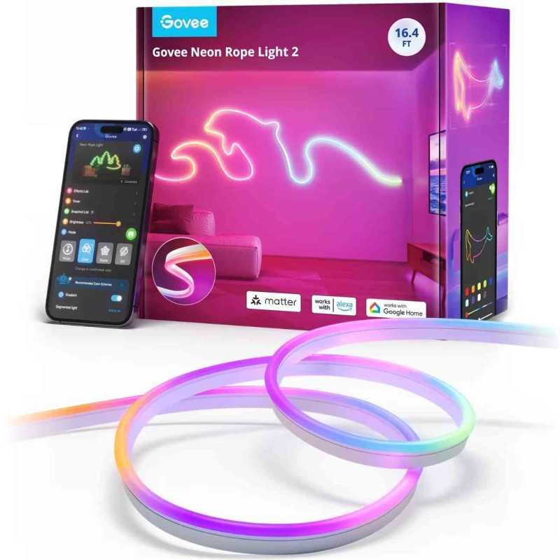 Banda LED inteligenta Govee Neon H61D5 RGBIC, Wi-Fi, Bluetooth, Matter, 48W, 5m - imagine 2