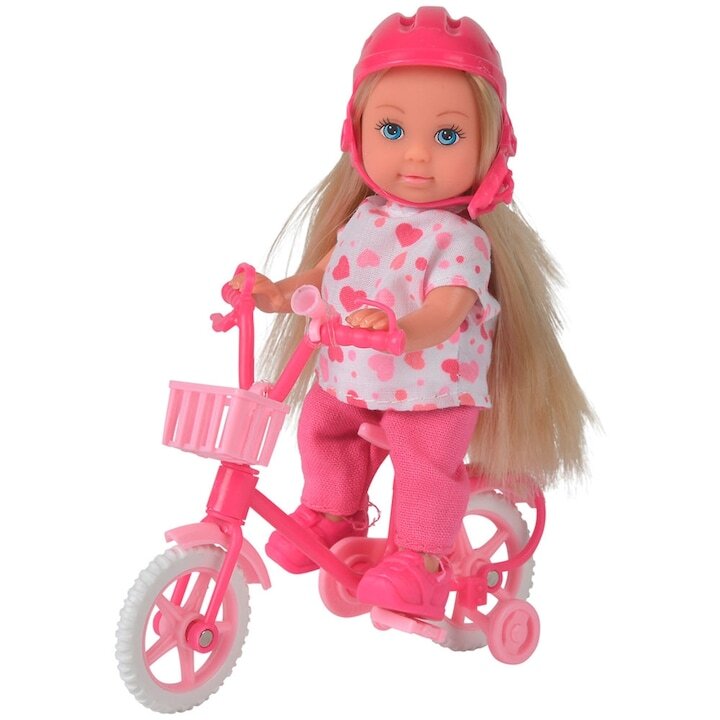 Papusa Evi Love My First Bike 12 Cm Inimioare Roz