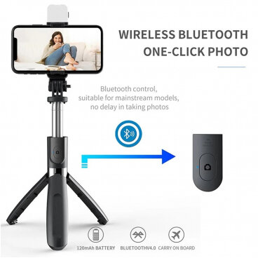 Selfie Stick Techsuit L02s Bluetooth Universal cu Cleme Negru — imaginea 2