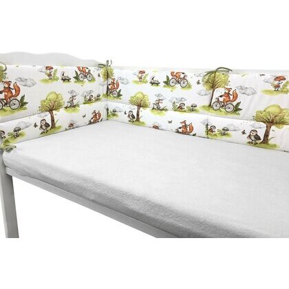 Lenjerie Patut cu 3 Piese Qmini pentru Patut 120x60cm cu Protecție Laterală Bumbac Certificat Oeko Tex Standard 100 Fox on Bikes Multicolor